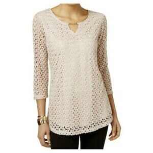 JM CollectionTunic Top Size M Beige Crochet Lace Overlay Blouse Gold